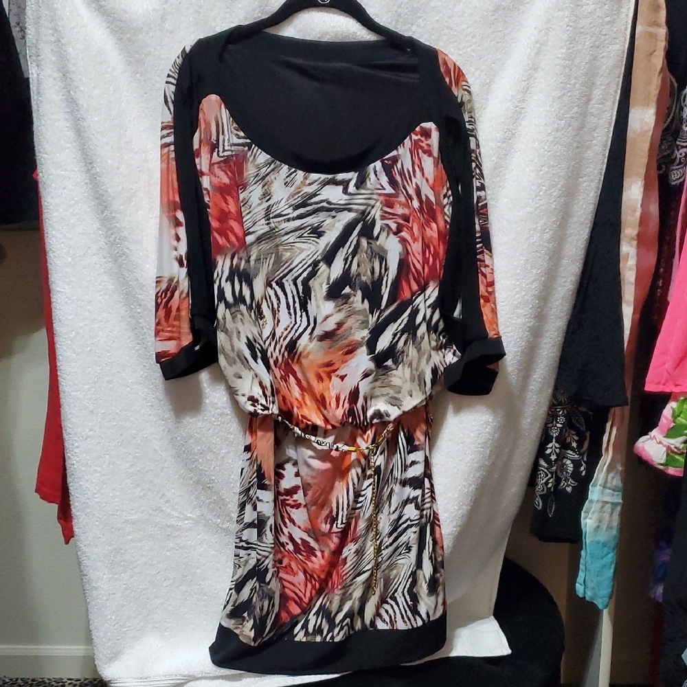 Black and White Asymmetrical Midi Dress with 3/4 Sleeves